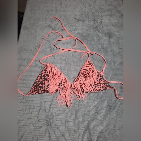 Eidon Bikini Top S Pink Dark Gray Fringe Boho - Picture 1 of 4